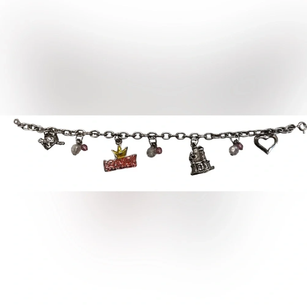 Vintage Child Princess Charm Bracelet Princess, Castle, Crown and Heart 7”